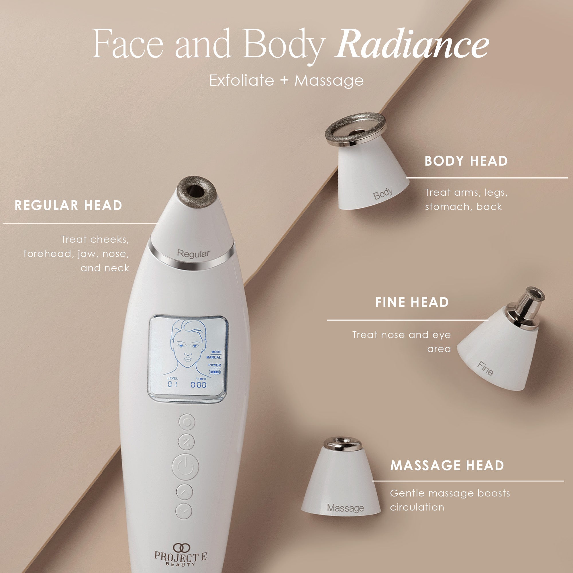 Reinvo microdermabrasion wand listing the functions of the 4 treatment heads