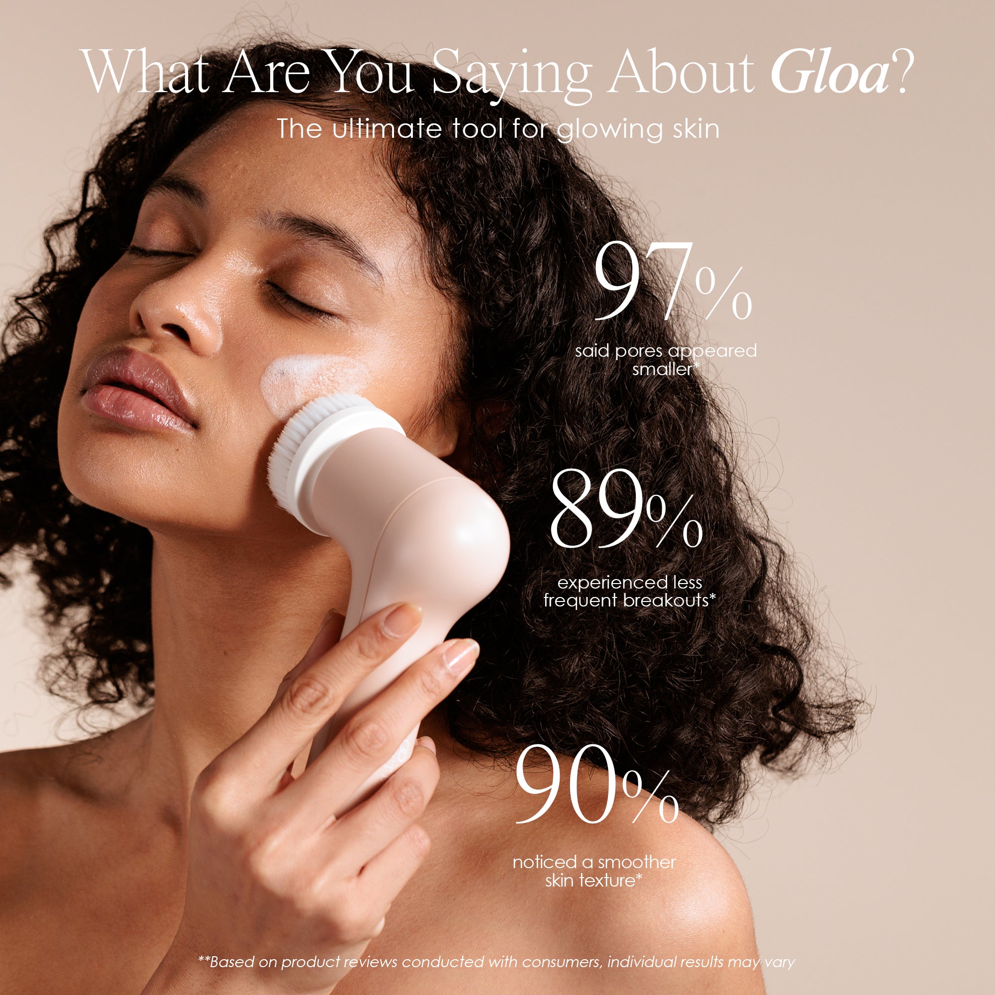 Gloa face and body cleansing brush showing product reviews statistics of electric cleansing technology