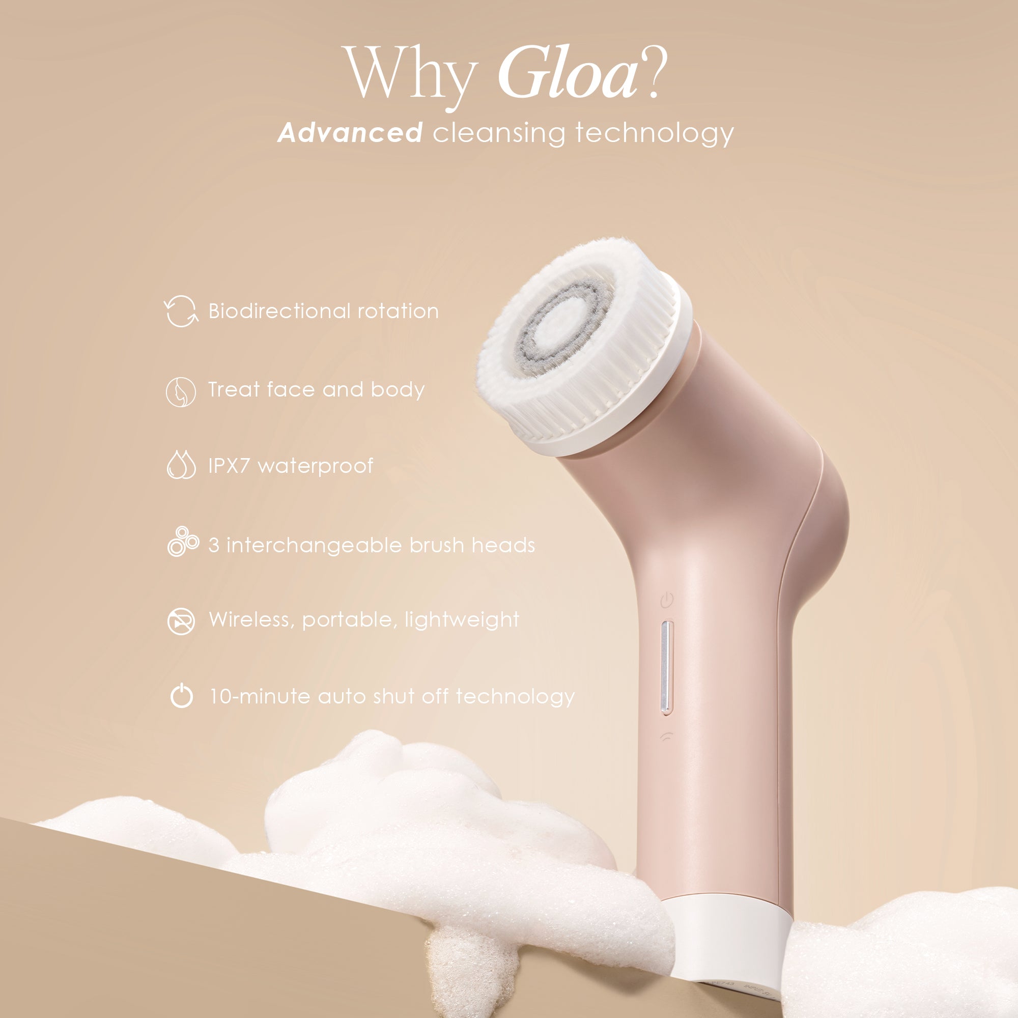 Gloa face and body cleansing brush listing features such as bidirectional rotation