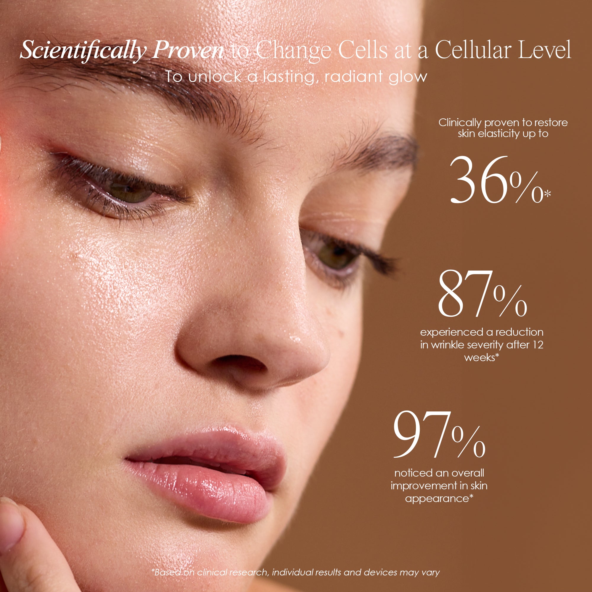 LumaGlow Red anti-aging wand showing clinical research statistics of red LED light therapy